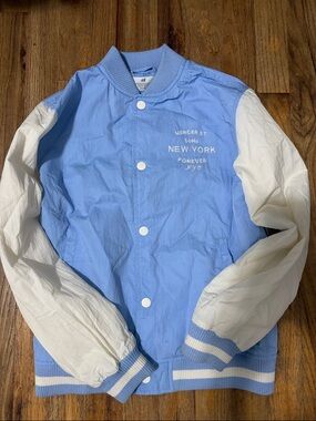 H&M Light Blue and White Varsity Jacket with New York Embroidery